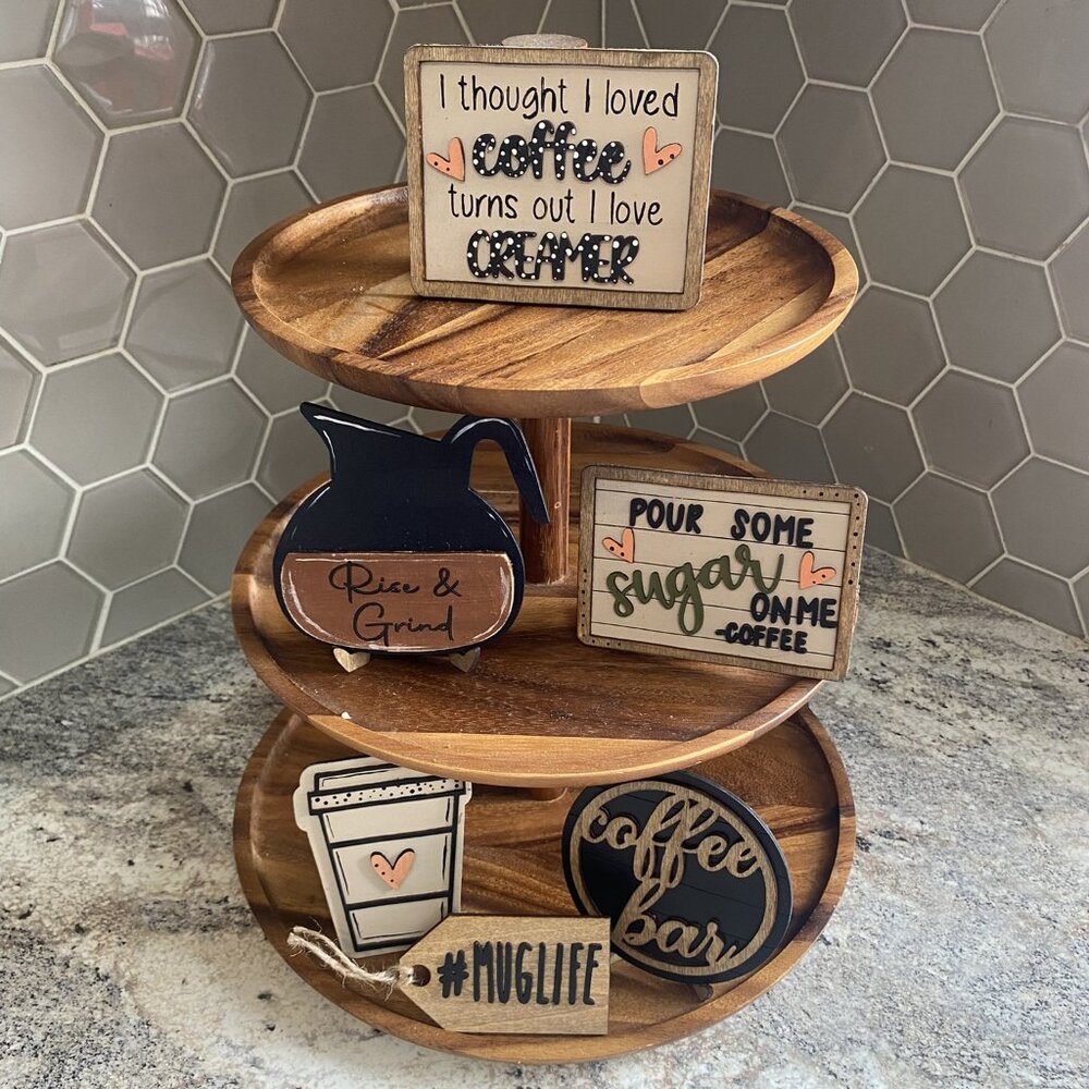 Handmade Coffee Bar Tiered Tray Decor, Kitchen, 8 Pieces, Brown, Black, White